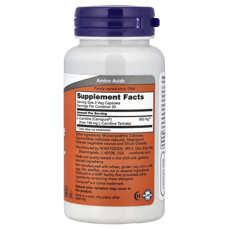 NOW Foods, L-карнитин, 250 мг, 60 растительных капсул