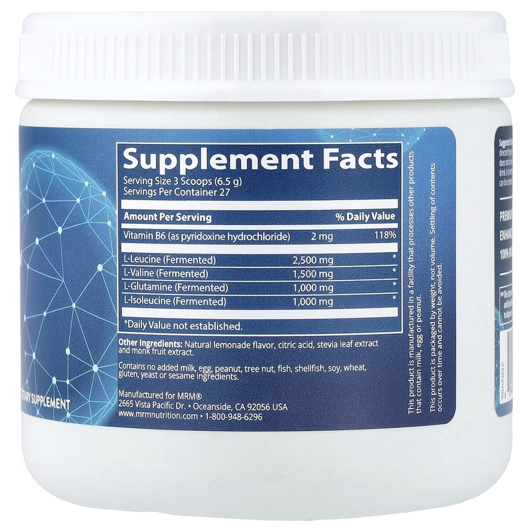 MRM Nutrition, сочетание аминокислот с разветвленной цепью (BCAA) и L-глютамина, добавка для восстановления мышц, со вкусом лимонада, 180 г (6,35 унции)