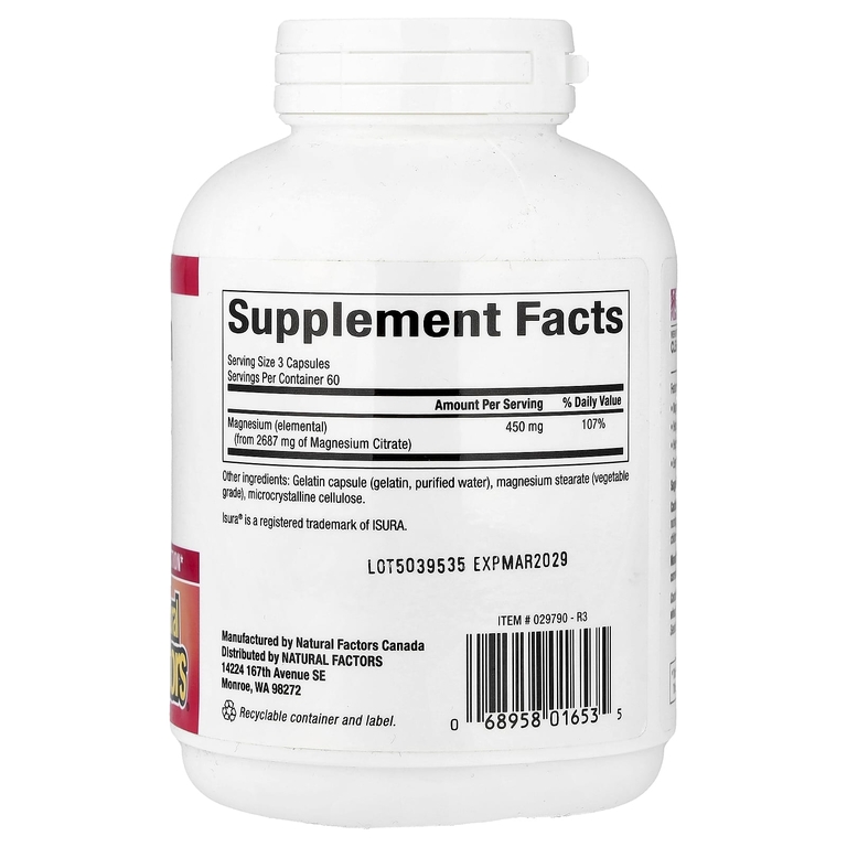 Natural Factors, цитрат магния, 180 капсул (150 мг в 1 капсуле)
