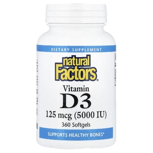 Natural Factors, витамин Д3, 5,000 МЕ, 360 желатиновых капсул