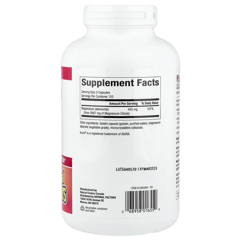 Natural Factors, цитрат магния, 360 капсул (150 мг в 1 капсуле)