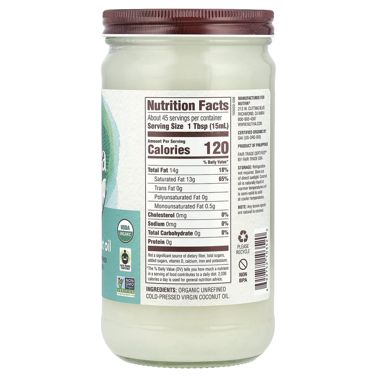 Nutiva, Нерафинированное кокосовое масло холодного отжима, 23 жидкие унции (680 мл)