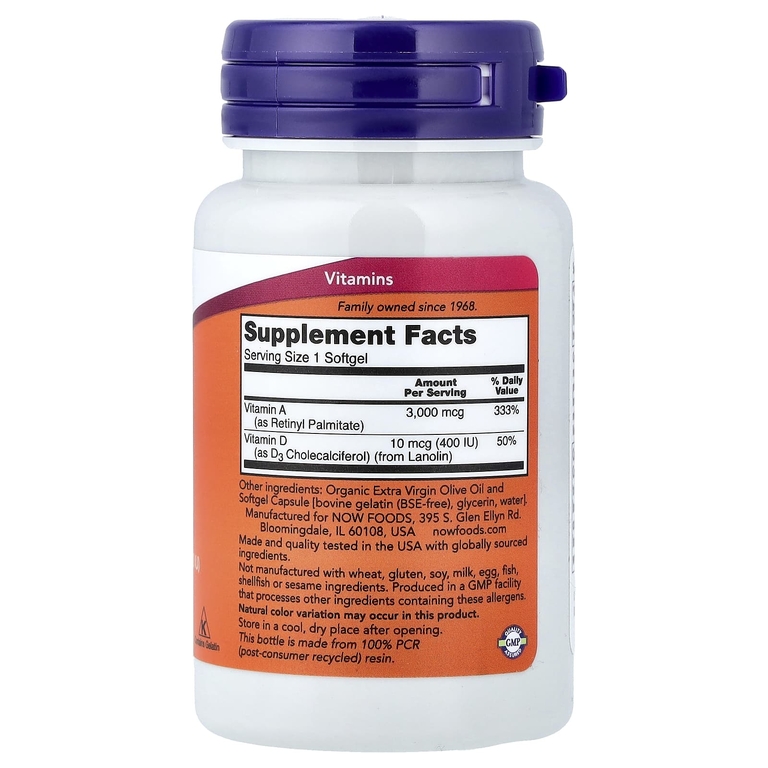 NOW Foods, витамины A и D, 100 капсул