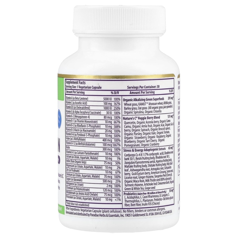 Paradise Herbs, мультивитаминная добавка с продуктами, без железа, 30 вегетарианских капсул
