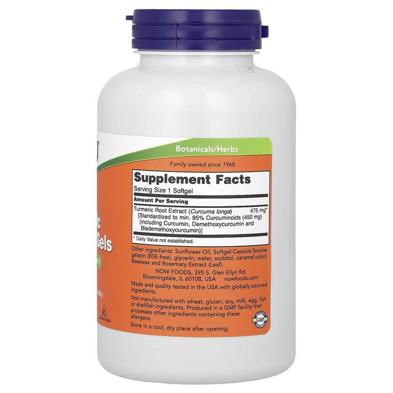 NOW Foods, Куркума в таблетках с куркумином, 475 мг, 120 мягких таблеток
