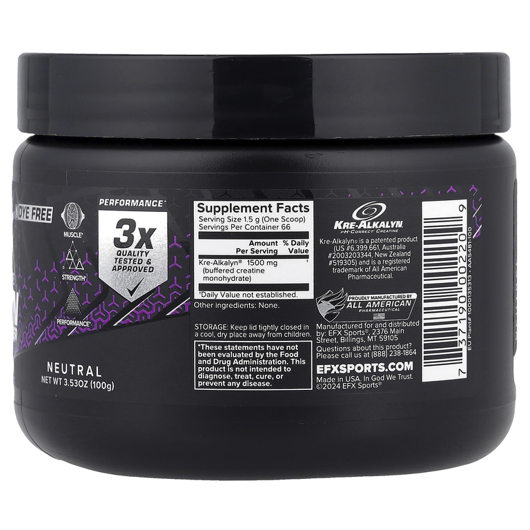 EFX Sports, моногидрат креатина, нейтральный, 100 г (3,53 унции)