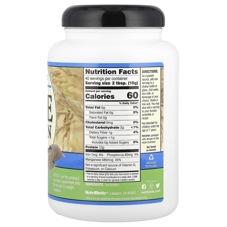 NutriBiotic, Порошок из рисового протеина, обычный, 1 фунт 600 г (5,16 унции)