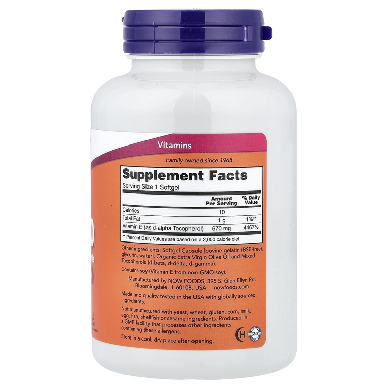 NOW Foods, E-1000, витамин E со смешанными токоферолами, 670 мг (1000 МЕ), 100 капсул