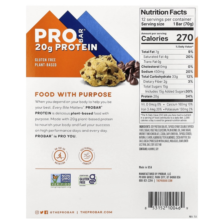 ProBar, Протеиновый батончик, со вкусом шоколадного печенья, 12 батончиков, 70 г (2,47 унции) каждый