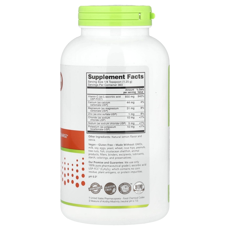 NutriBiotic, шипучий порошок с витамином C (в виде L-аскорбиновой кислоты) и электролитами, натуральный лимонный вкус, 454 г (16 унций)