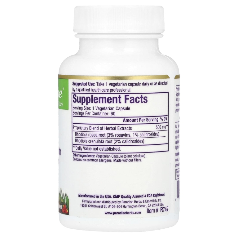 Paradise Herbs, Родиола, 60 вегетарианских капсул (500 мг на капсулу)