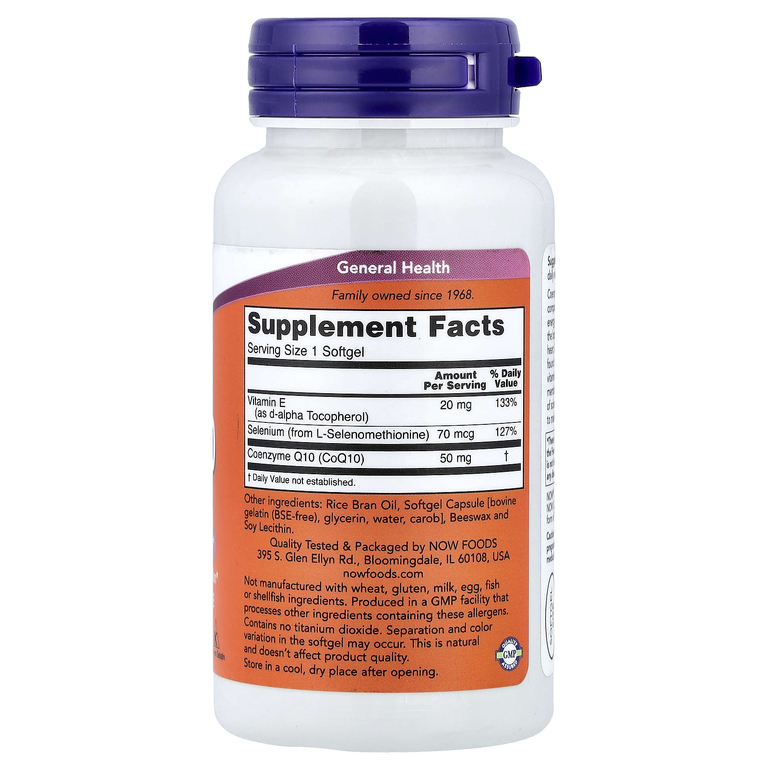 NOW Foods, коэнзим Q10 с селеном и витамином E, 100 капсул