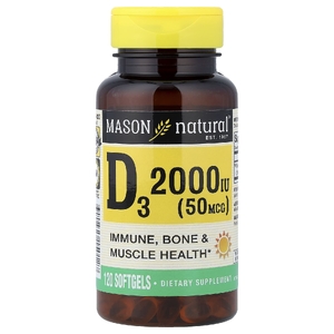 Mason Natural, витамин D3, 50 мкг (2000 МЕ), 120 мягких таблеток