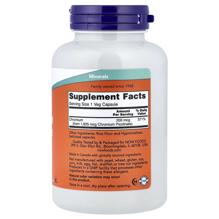 NOW Foods, пиколинат хрома, 200 мкг, 250 вегетарианских капсул