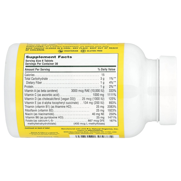 NaturesPlus, добавка с мультивитаминами и минералами с концентрированными цельными продуктами, без железа, 180 мини-таблеток
