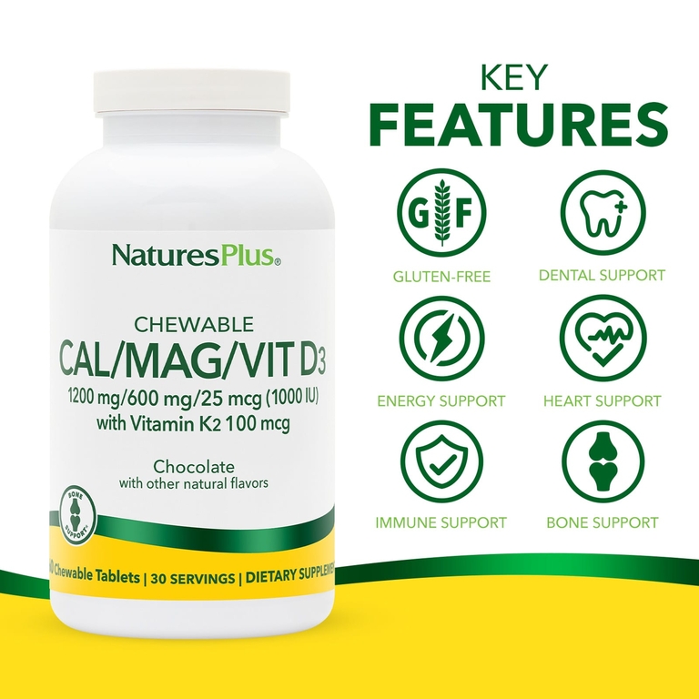 NaturesPlus, Жевательные таблетки кальций/ магний / витамин Д3, шоколад, 60 жевательных таблеток
