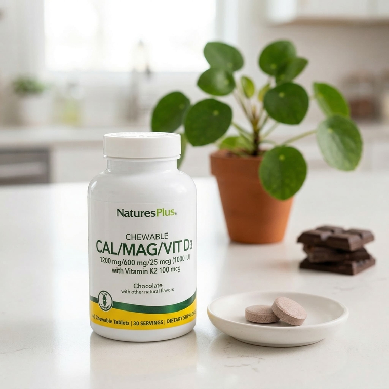 NaturesPlus, Жевательные таблетки кальций/ магний / витамин Д3, шоколад, 60 жевательных таблеток
