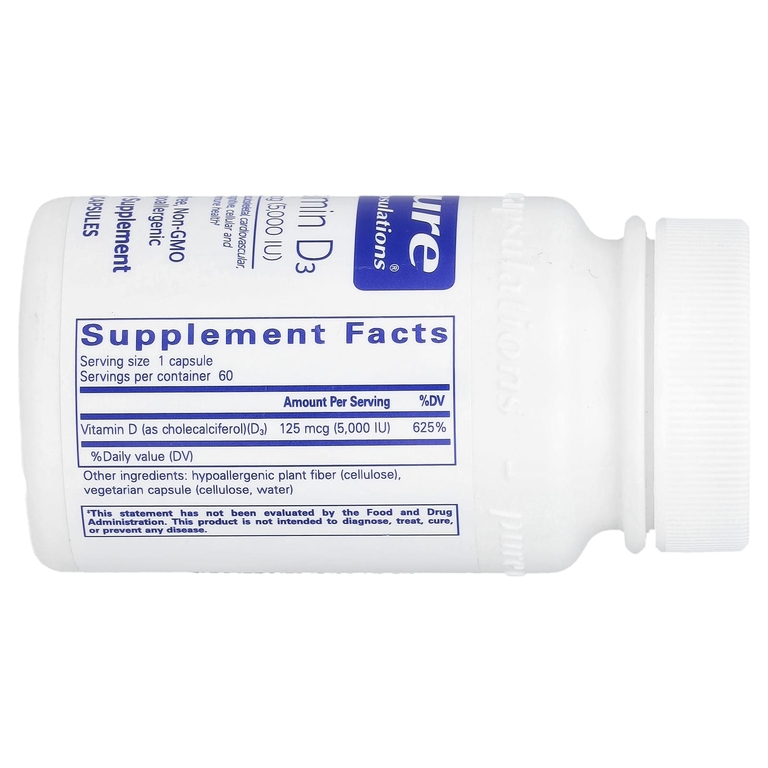 Pure Encapsulations, Витамин D3, 125 мкг (5000 МЕ), 60 капсул