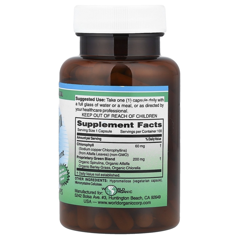 World Organic, хлорофилл, 60 мг, 100 растительных капсул