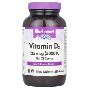 Bluebonnet Nutrition, витамин D3, 125 мкг (5000 МЕ), 250 капсул