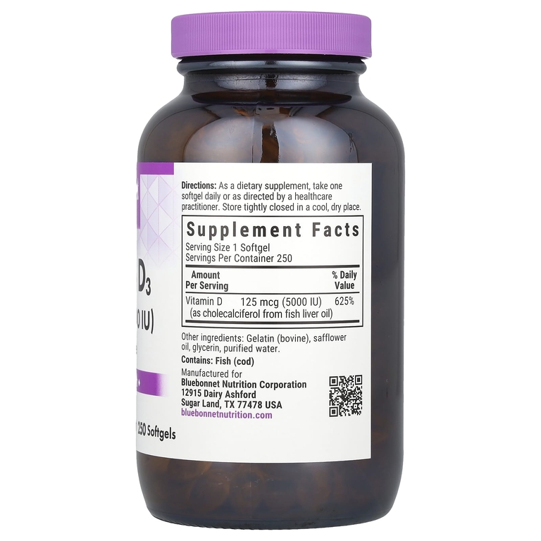 Bluebonnet Nutrition, витамин D3, 125 мкг (5000 МЕ), 250 капсул