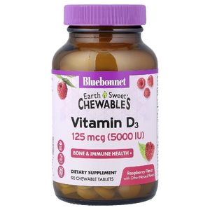 Bluebonnet Nutrition, Земля — жевательные таблетки, витамин D3, малина, 125 мкг (5000 МЕ), 90 жевательных таблеток