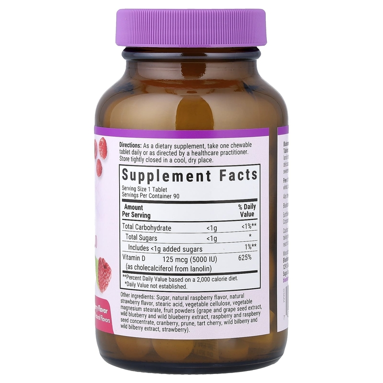 Bluebonnet Nutrition, Земля — жевательные таблетки, витамин D3, малина, 125 мкг (5000 МЕ), 90 жевательных таблеток