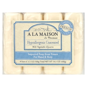 A La Maison de Provence, кусковое мыло для рук и тела, гипоаллергенное, без запаха, 4 шт. по 100 г (3,5 унции)