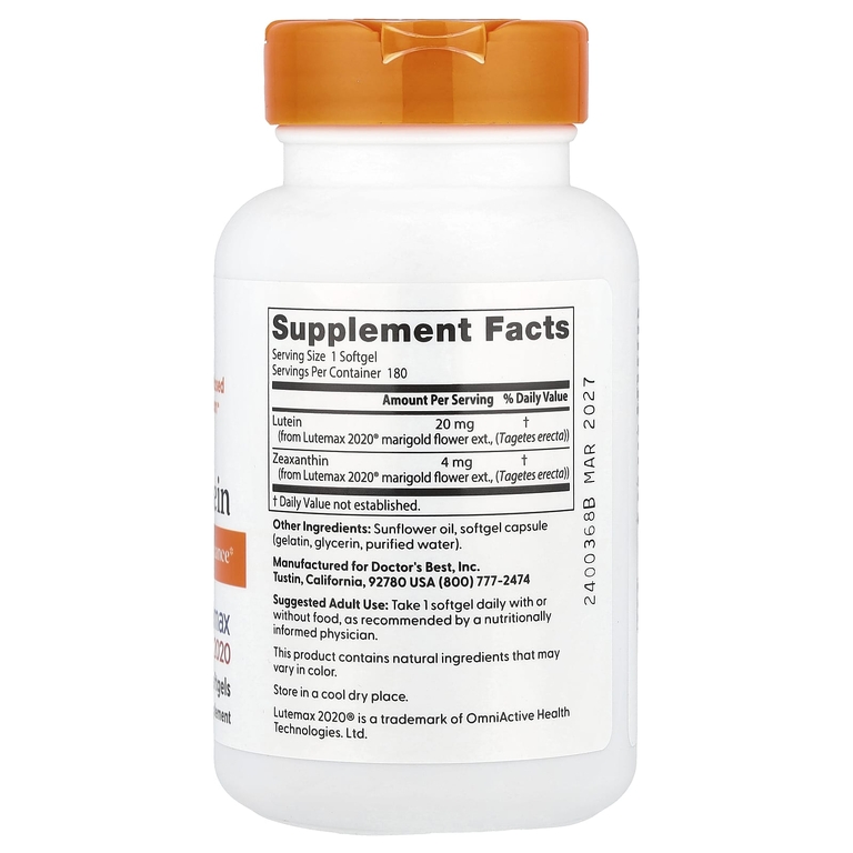 Doctor's Best, лютеин, 20 мг, 180 желатиновых капсул