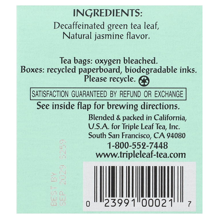 Triple Leaf Tea, Jasmine Decaf Green Tea™, чай без кофеина, 20 чайных пакетиков, 38 г (1,34 унции)