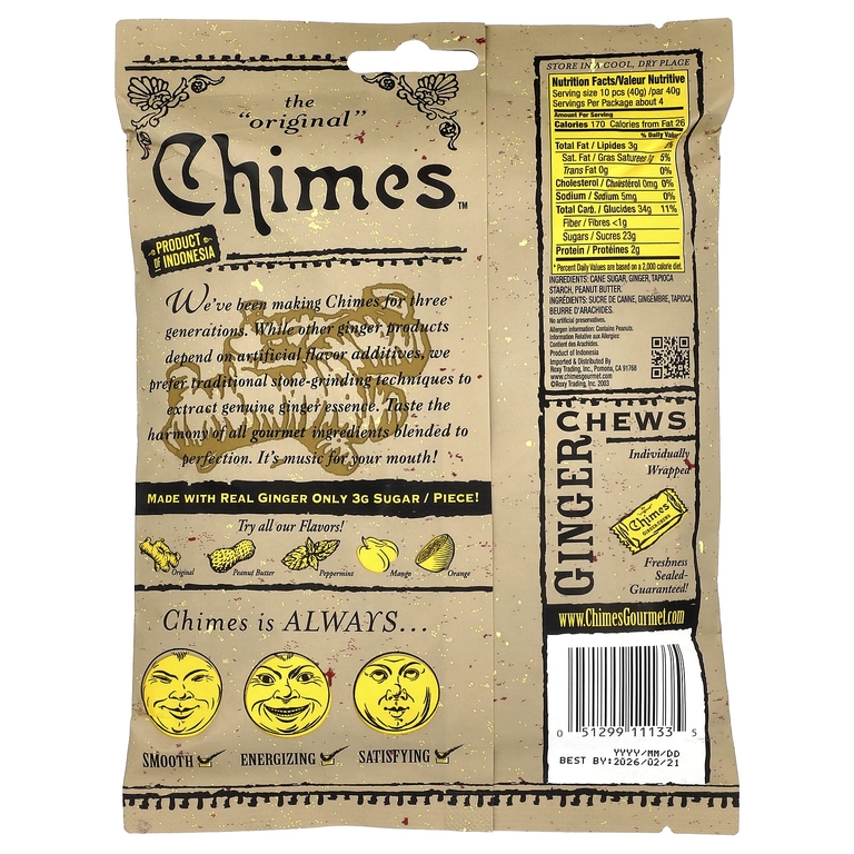 Chimes, жевательные таблетки с имбирем, арахисовая паста, 141,8 г (5 унций)