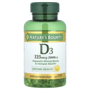 Nature's Bounty, витамин D3, 125 мкг (5000 МЕ), 240 мягких таблеток с быстрым высвобождением