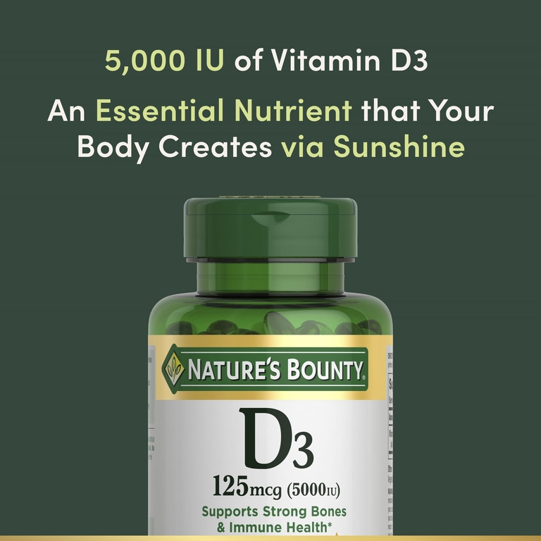Nature's Bounty, витамин D3, 125 мкг (5000 МЕ), 240 мягких таблеток с быстрым высвобождением