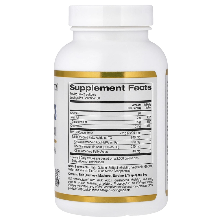 California Gold Nutrition, премиальный рыбий жир с омега-3, 100 капсул из рыбьего желатина (1100 мг в 1 капсуле)