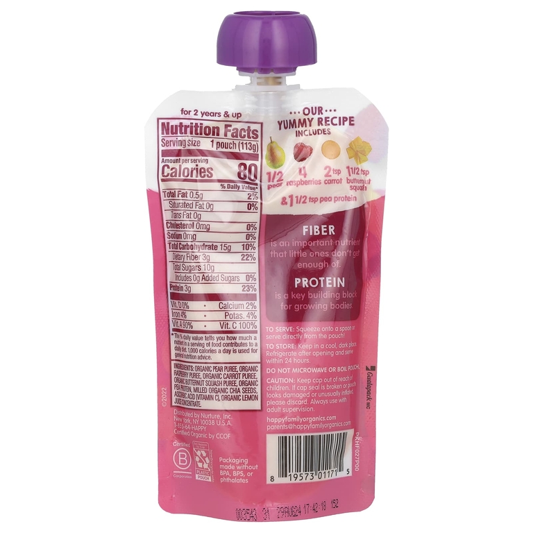 Happy Family Organics, клетчатка и протеин, пюре для детей от 2 лет, органические груши, малина, морковь и мускатная тыква, 113 г (4 унции)