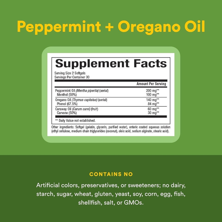 Natural Factors, комплекс из перечной мяты и масла орегано, 60 капсул, покрытых кишечнорастворимой оболочкой