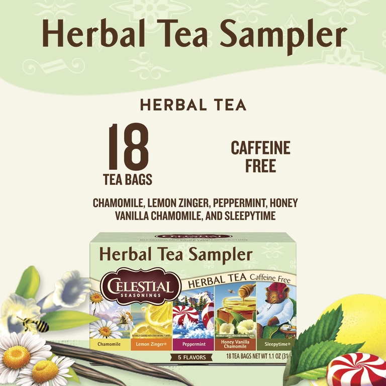 Celestial Seasonings, Пробник травяного чая, 5 вкусов, без кофеина, 18 чайных пакетиков, 31 г (1,1 унции)