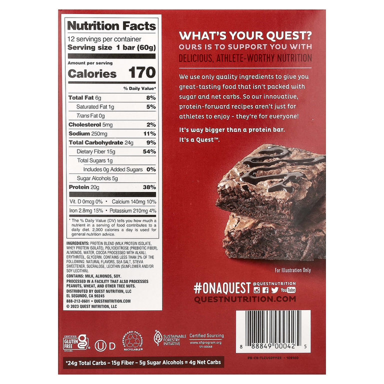 Quest Nutrition, протеиновый батончик, шоколадный брауни, 12 батончиков, 60 г (2,12 унции)