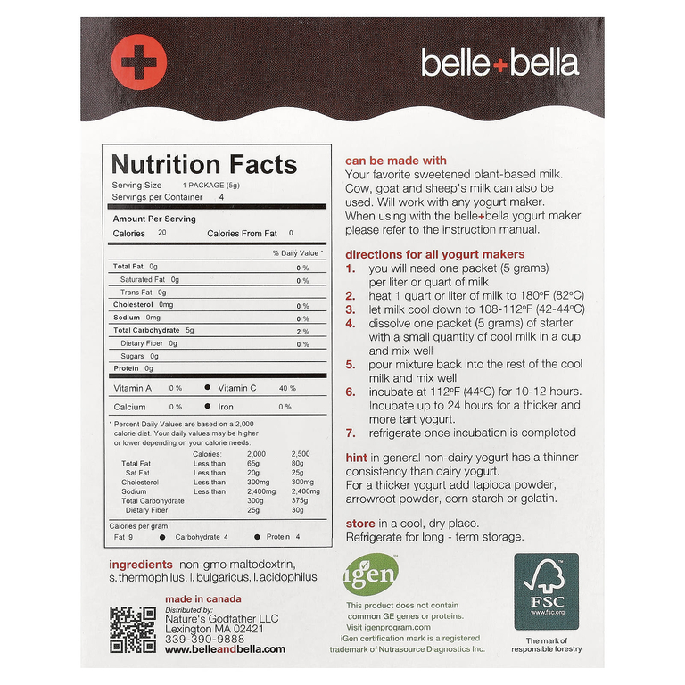 Belle+Bella, Безмолочная закваска для йогурта, 4 пакетика по 5 г