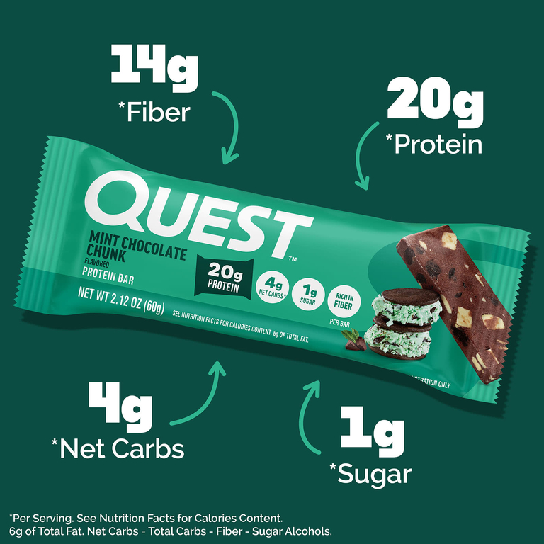 Quest Nutrition, протеиновый батончик, с кусочками мятного шоколада, 12 батончиков по 60 г (2,12 унции)