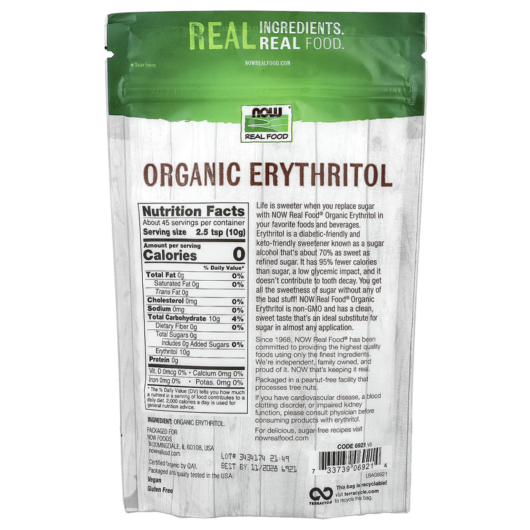 NOW Foods, Real Food, органический эритритол, 454 г (1 фунт)