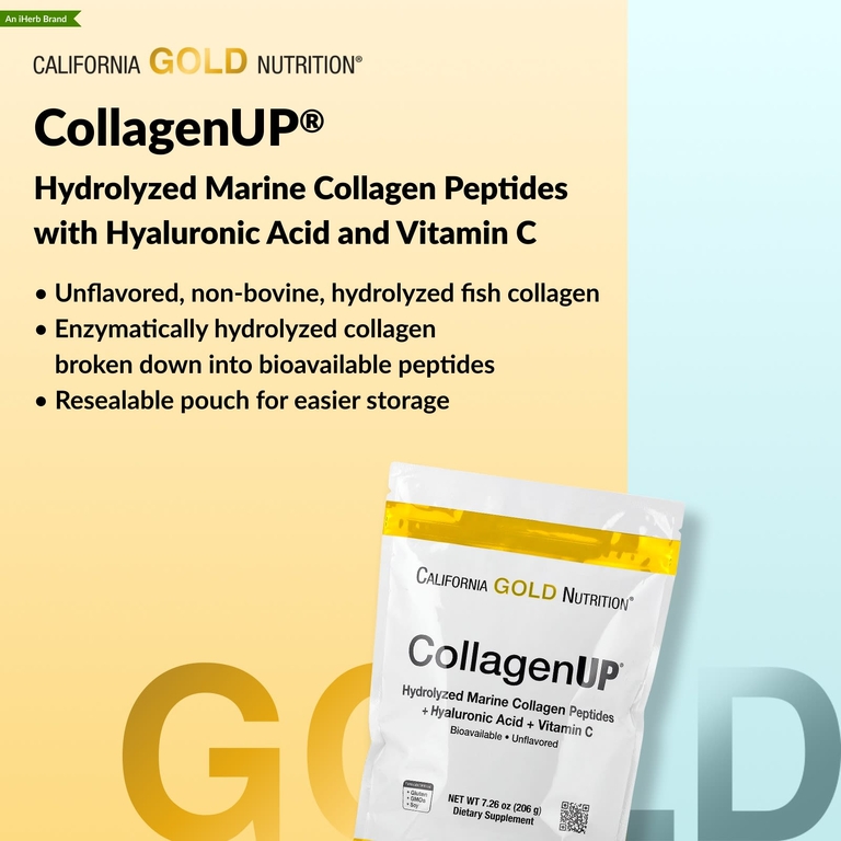 California Gold Nutrition, гидролизованные пептиды морского коллагена с гиалуроновой кислотой и витамином C, с нейтральным вкусом, 464 г