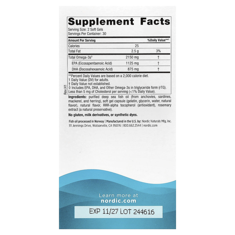 Nordic Naturals, омега-3, со вкусом лимона, 2150 мг, 60 желатиновых капсул (1075 мг в 1 капсуле)
