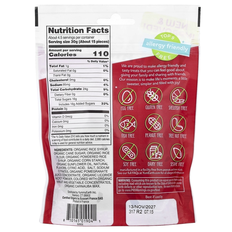 YumEarth, Мягкая пищевая безглютеновая гранатовая лакрица + вкусная, 5 унций (142 г)