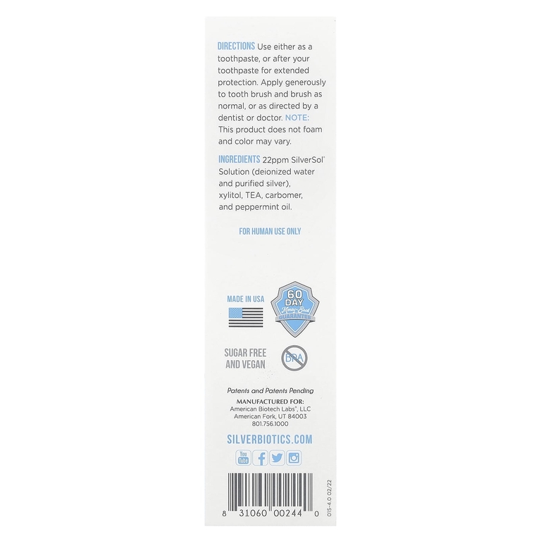 American Biotech Labs, зубной гель с коллоидным серебром, ледниковая мята, 114 г (4 унции)