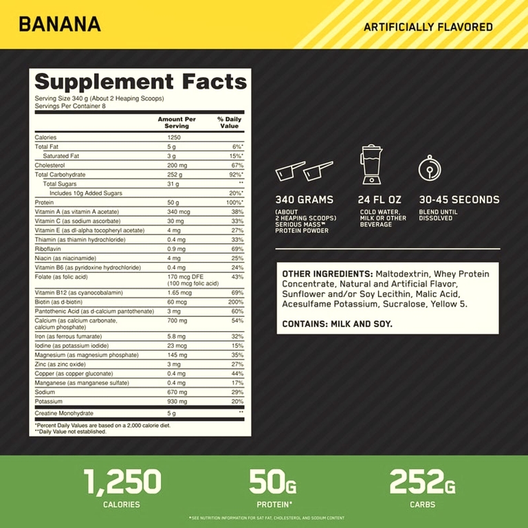 Optimum Nutrition, белково-углеводная добавка для увеличения мышечной массы, с банановым вкусом, 2,72 кг (6 фунтов)