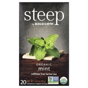 Bigelow, Steep, органический травяной чай, мята и без кофеина, 20 чайных пакетиков, 40 г (1,41 унции)
