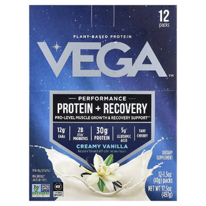 Vega, Растительный протеин, протеин для повышения эффективности и восстановления, кремовая ваниль, 12 пакетиков по 41 г (1,5 унции)