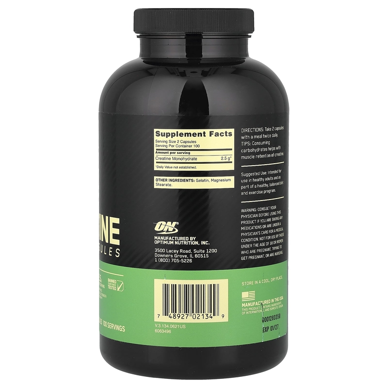 Optimum Nutrition, микронизированный креатин в капсулах, 200 капсул (1,25 г в 1 капсуле)