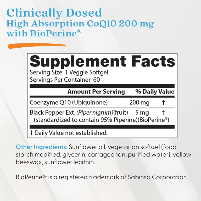 Doctor's Best, коэнзим Q10 с высокой степенью всасывания, с черным перцем, 200 мг, 60 вегетарианских желатиновых капсул